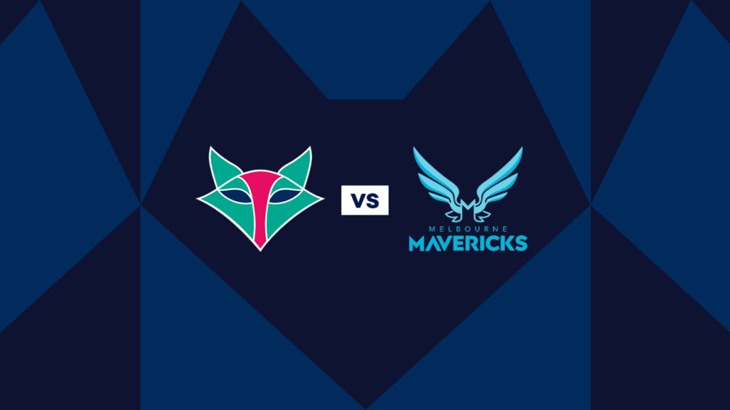 Melbourne Vixens and Melbourne Mavericks logos on a blue background.