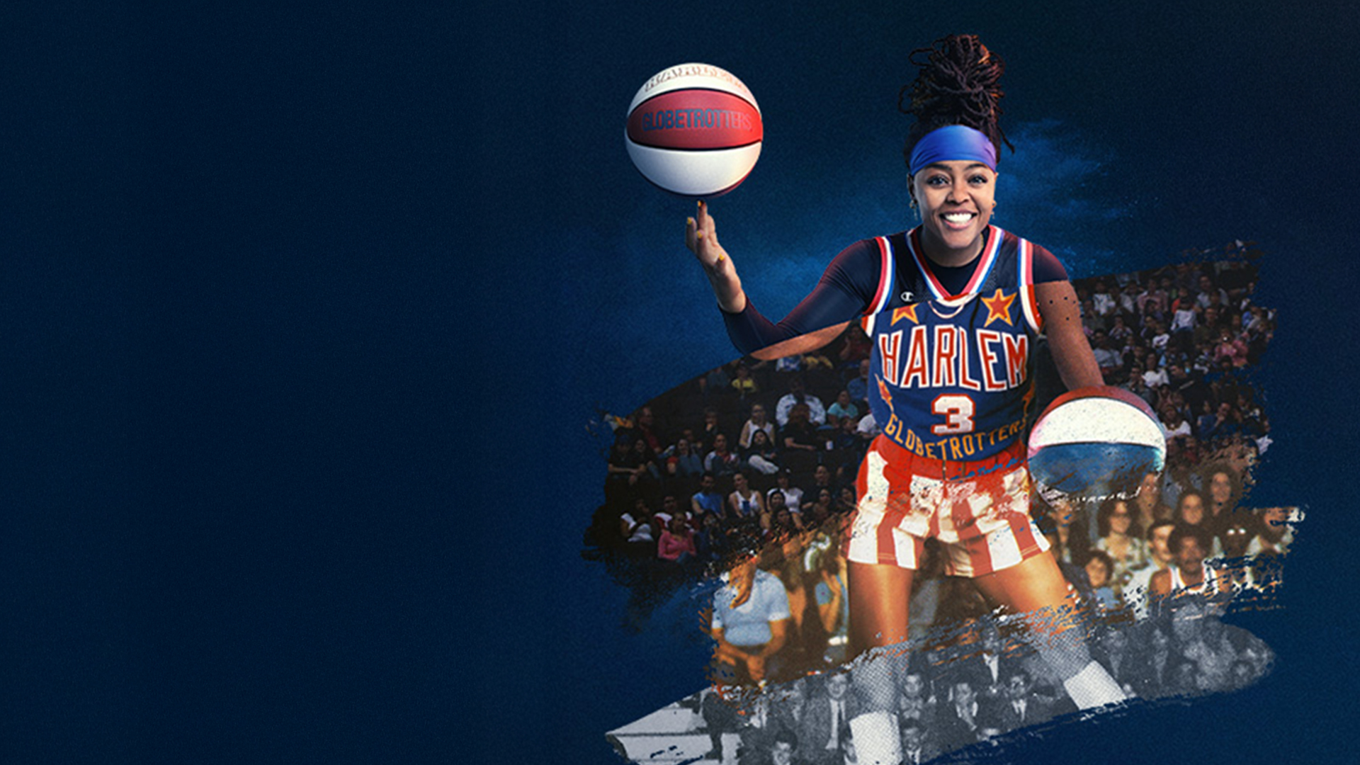 A female Harlem Globetrotter in a basketball uniform stands confidently, holding a basketball in her right hand.