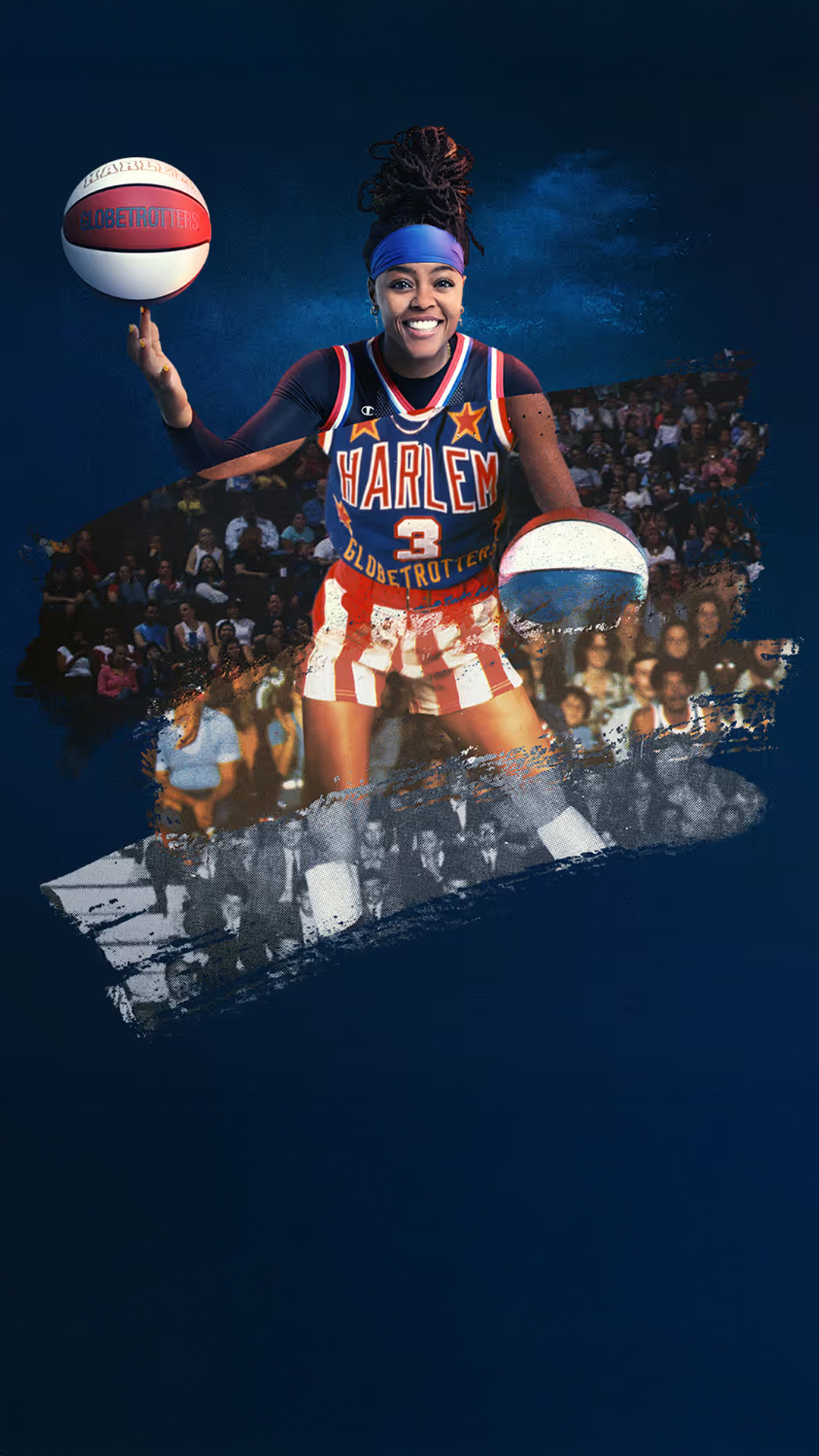 A female Harlem Globetrotter in a basketball uniform stands confidently, holding a basketball in her right hand.