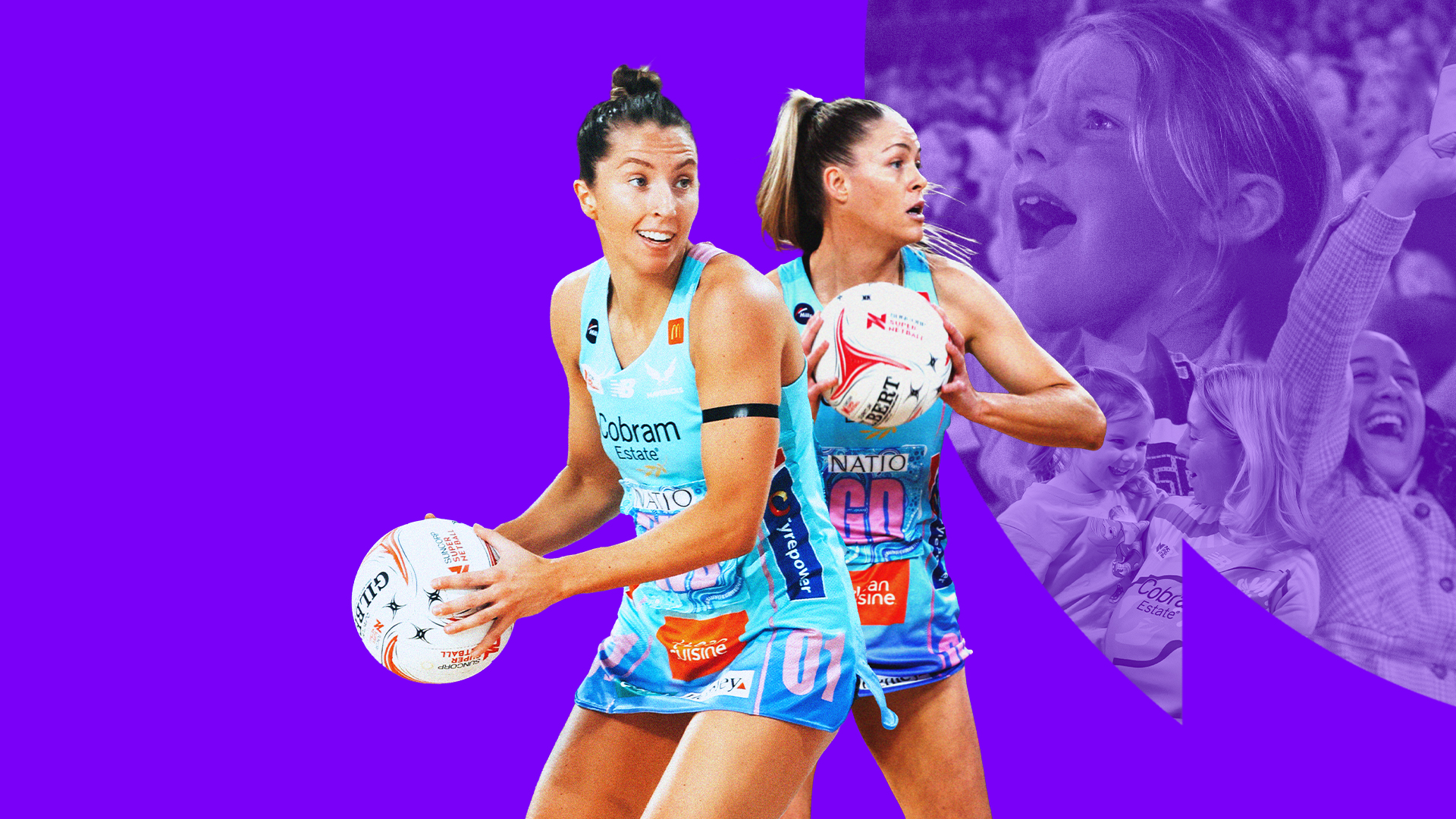 Two netballers in action against a purple background.