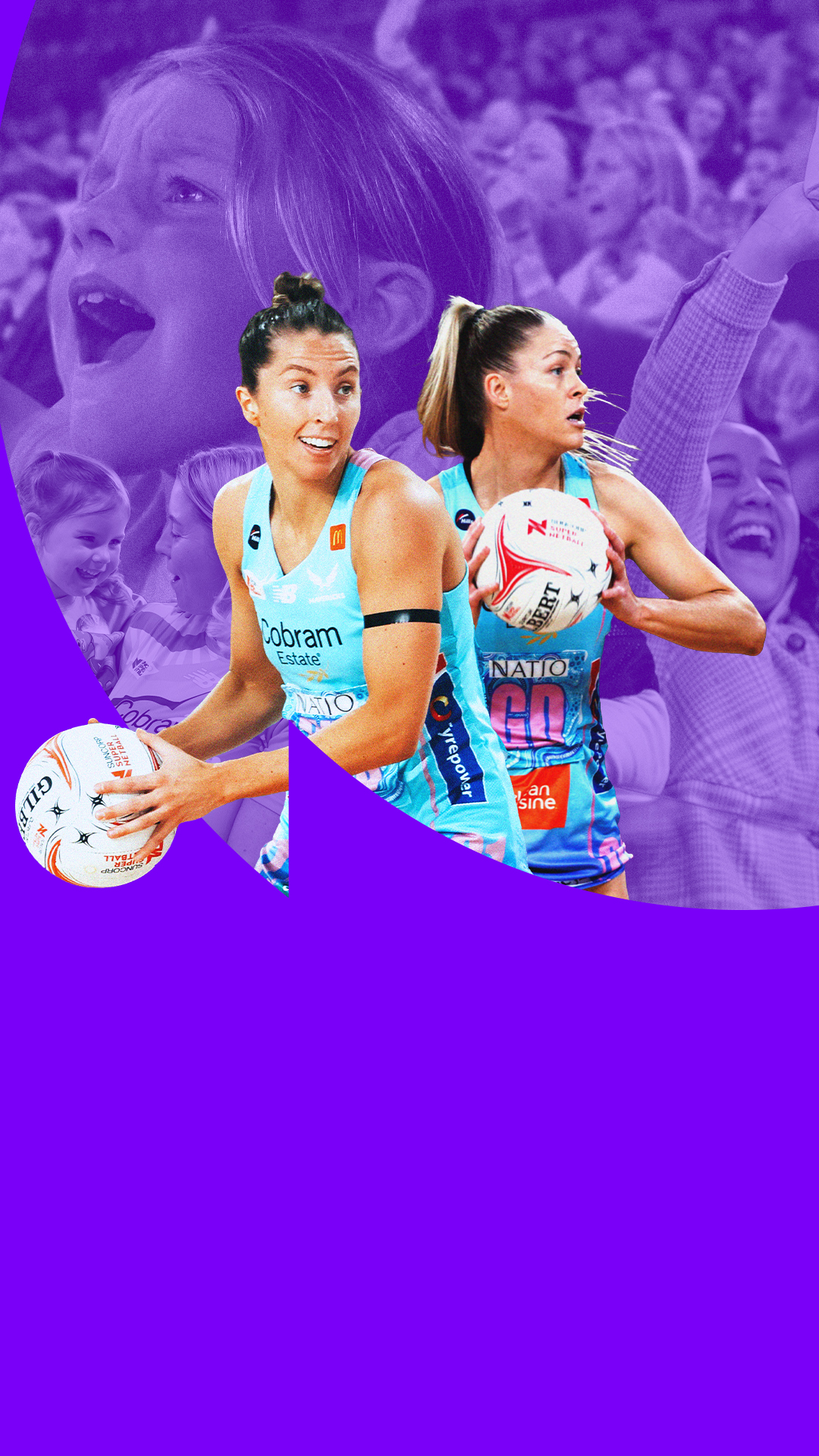 Two netballers in action against a purple background.