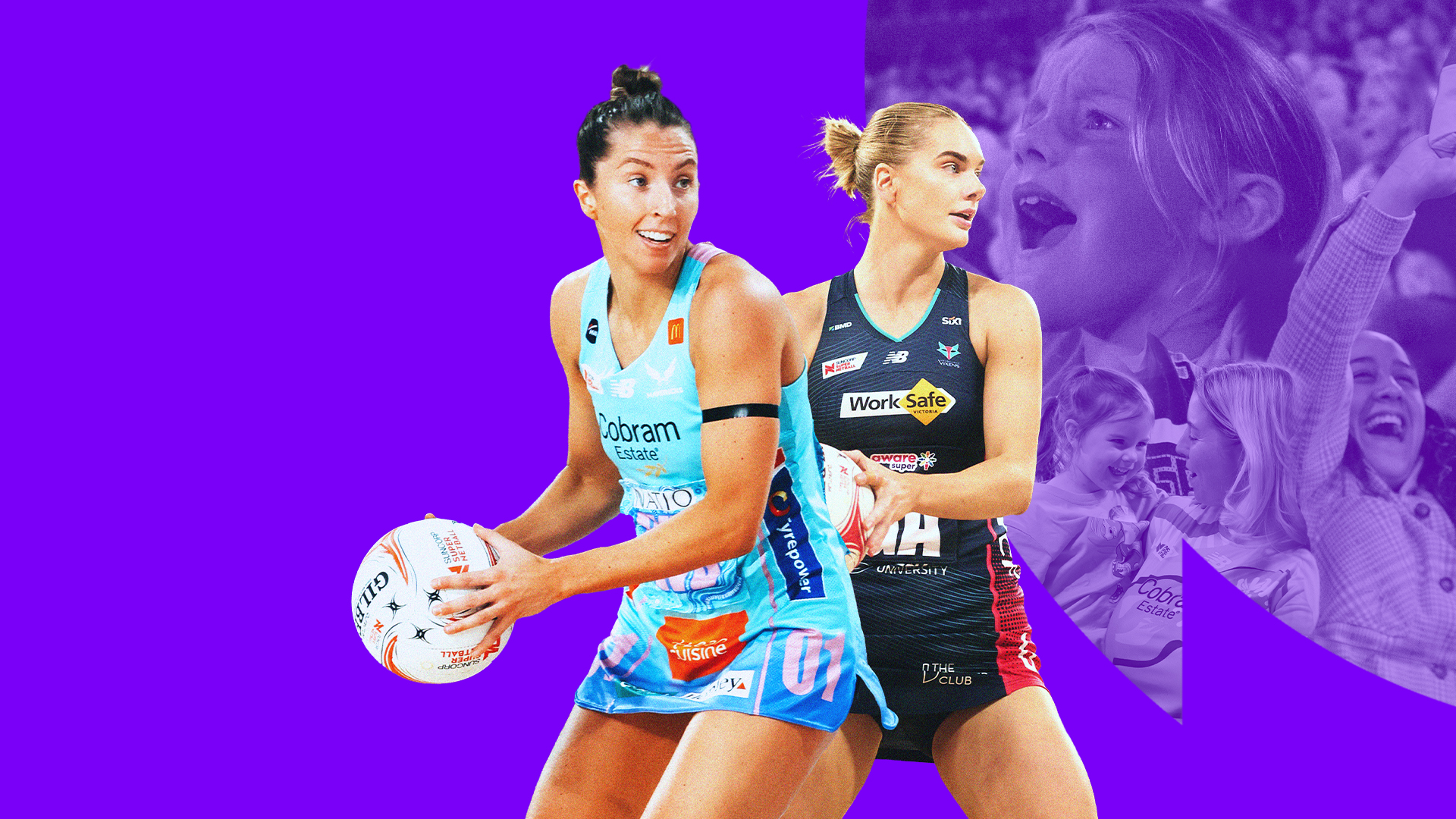 Two netballers in action against a purple background.