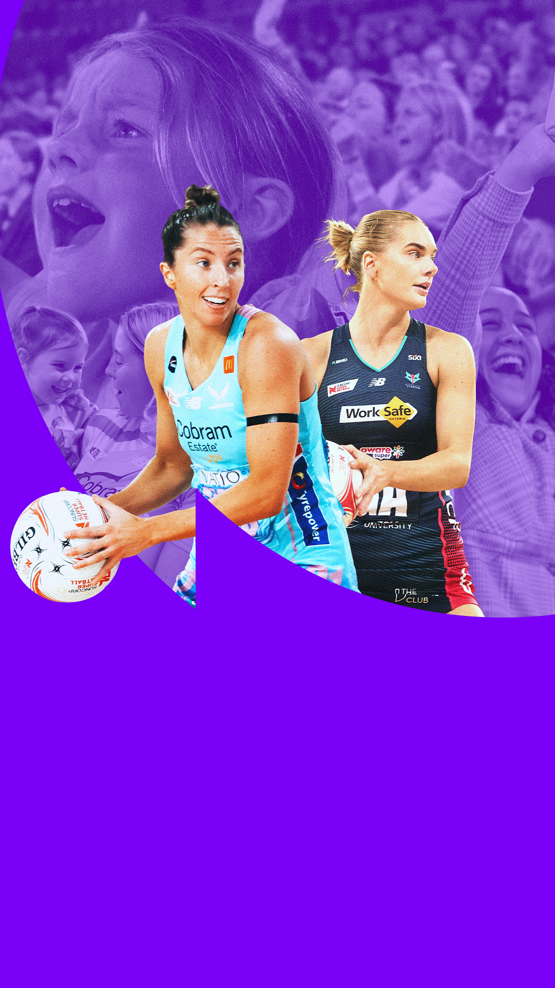 Two netballers in action against a purple background.