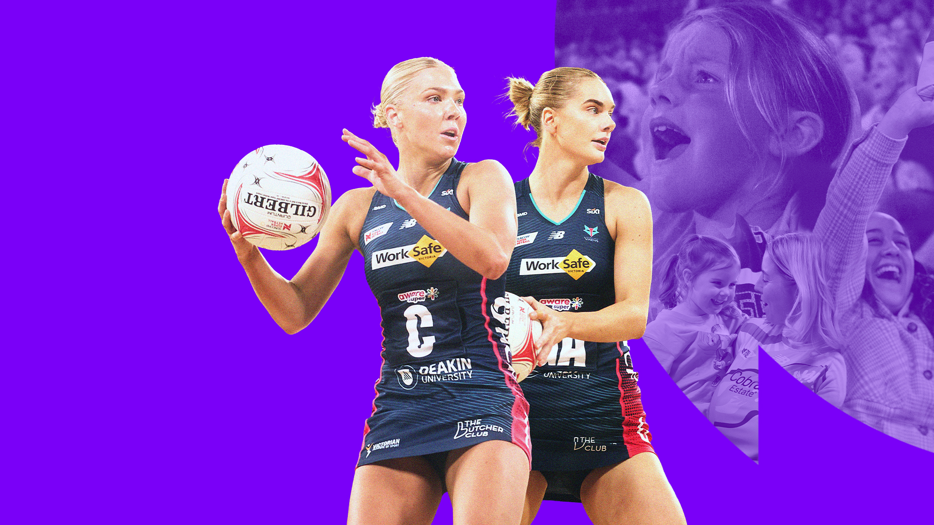 Two netballers in action against a purple background.