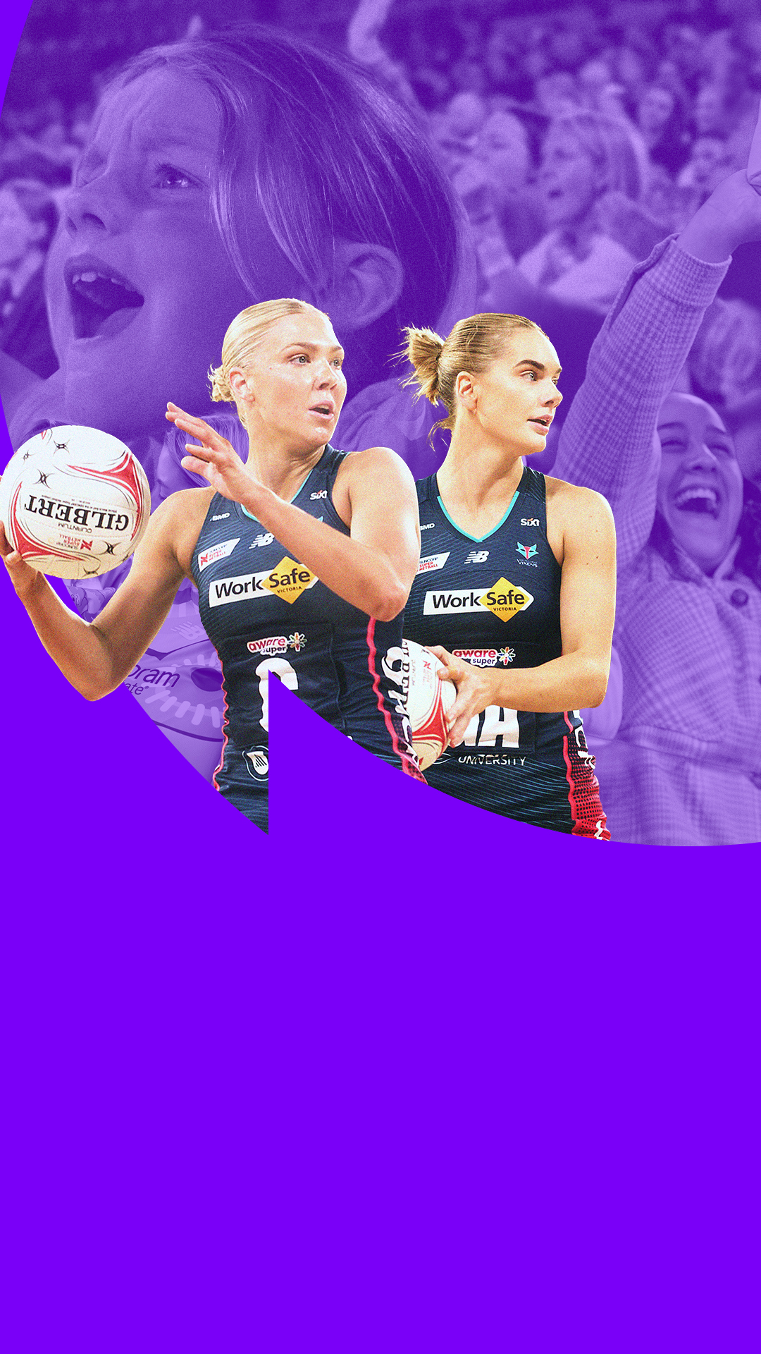 Two netballers in action against a purple background.