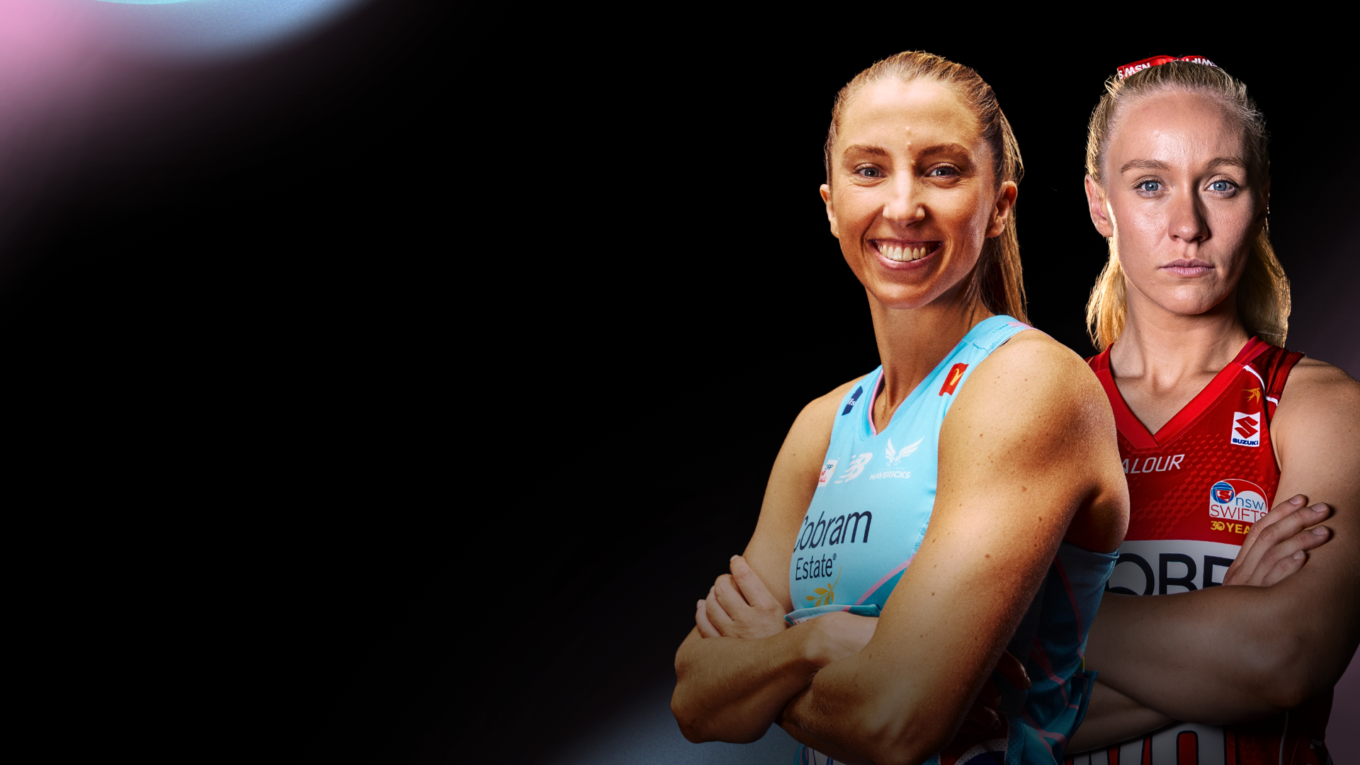 Melbourne Mavericks and NSW Swifts netballers posing on a black background.