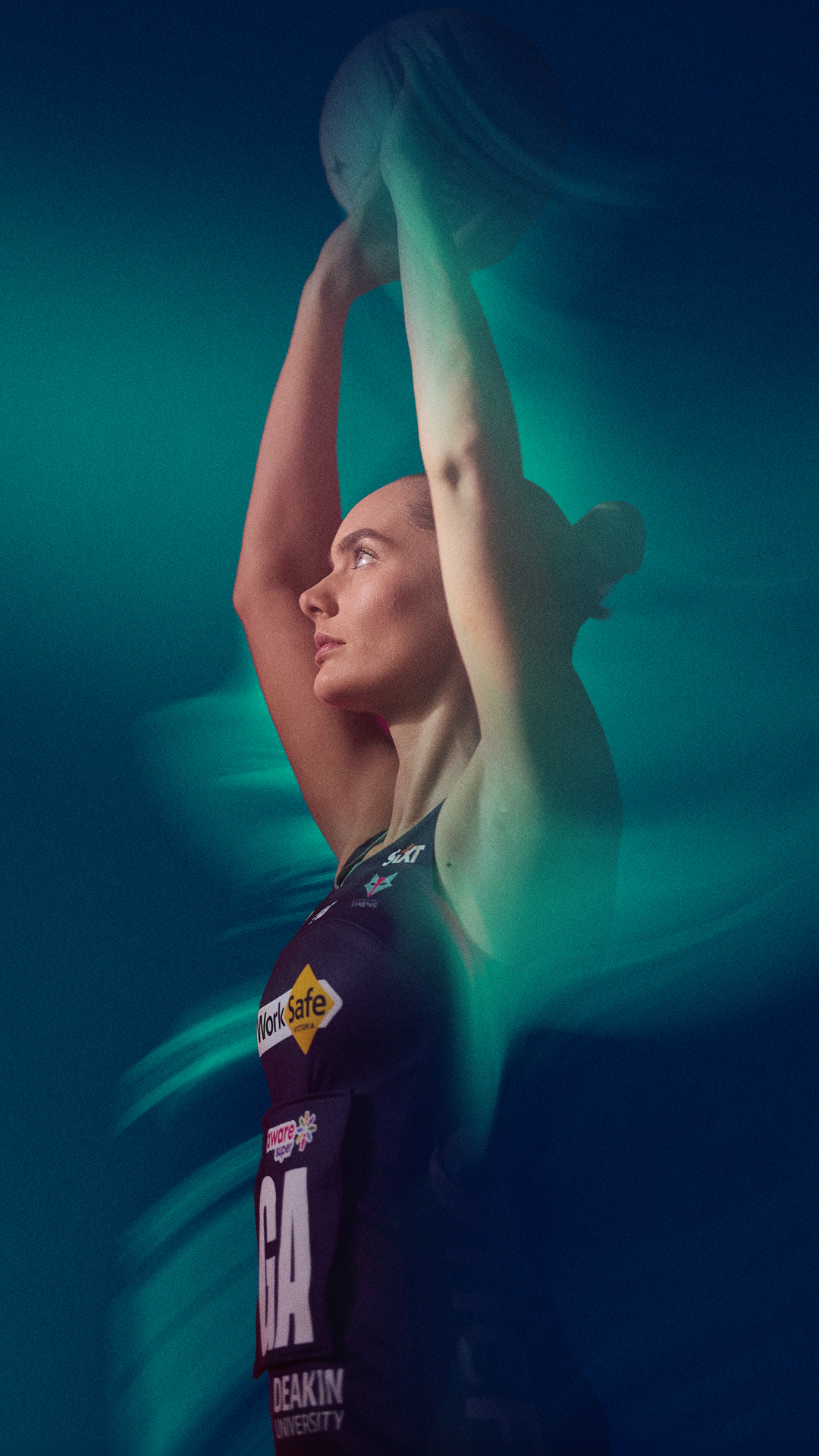 Melbourne Vixens netballer strikes an action pose against a green and blue background.