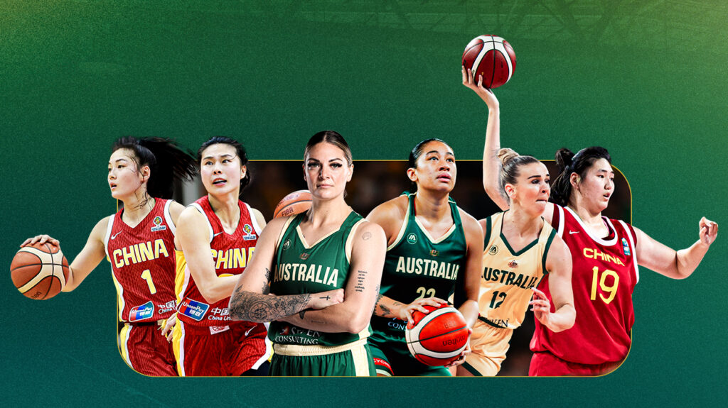 Australian and Chinese basketballs featuring in a promotional image on a green background.
