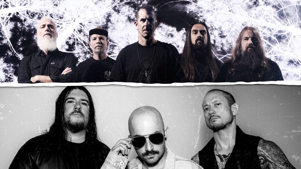 Lamb Of God and Trivium band members posing in black and white photos.
