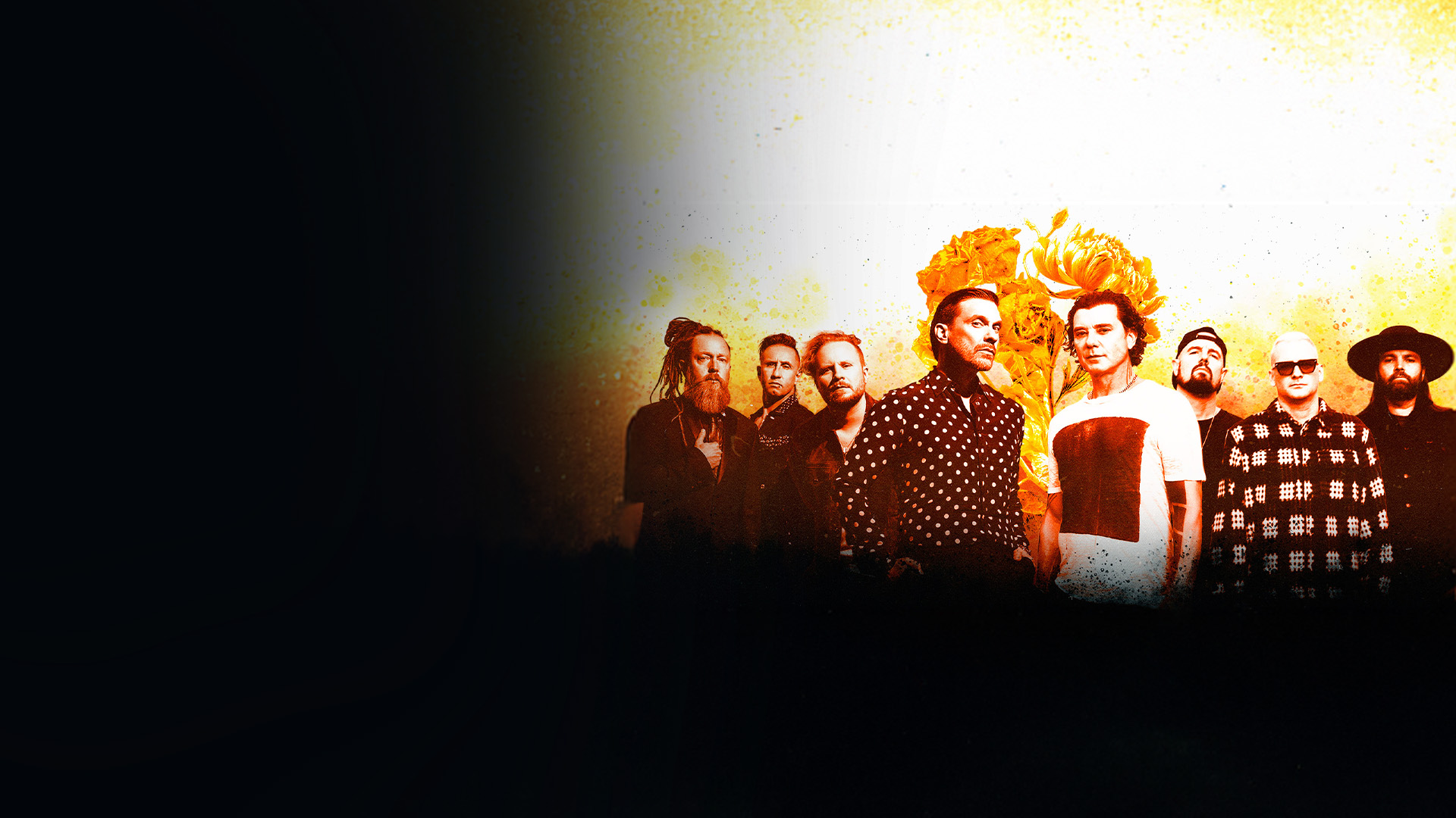 Bush and Shinedown band members standing side by side, dressed casually.