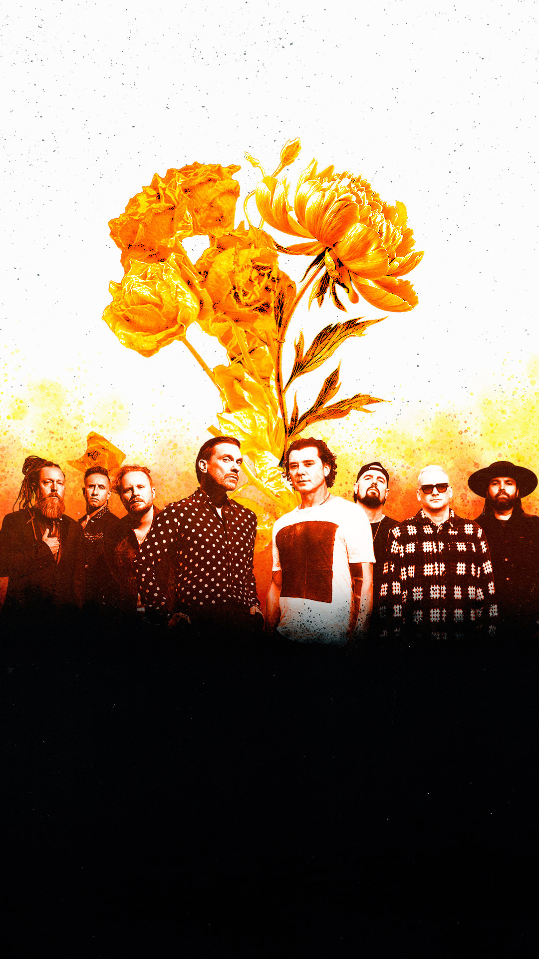 Bush and Shinedown band members standing side by side, dressed casually.
