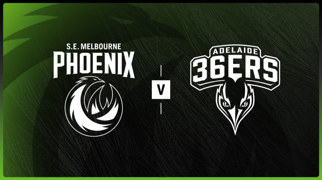 South East Melbourne Phoenix and Adelaide 36ers logos on a green and black background.