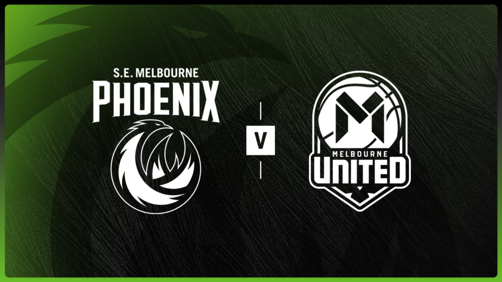 South East Melbourne Phoenix and Melbourne United logos on a green and black background.