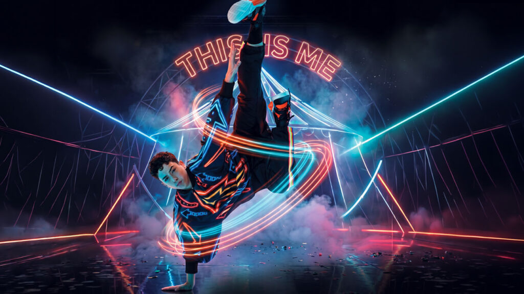 A breakdancer performs under vibrant neon lights.