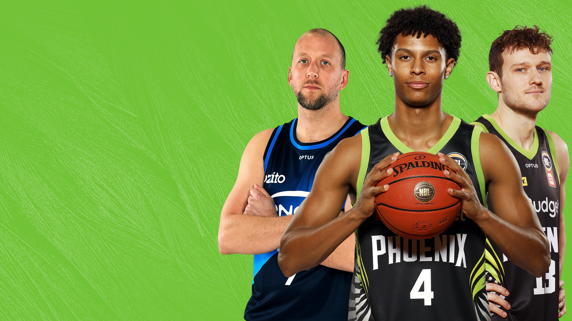 Green promotional artwork featuring three basketballers.